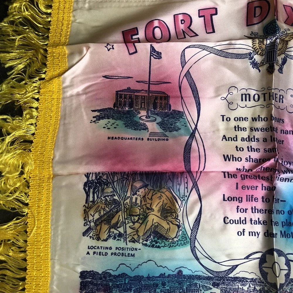 WWII US Army Fort Dix NJ Mother Satin Pillowcase Cover Tassel Vintage Retro